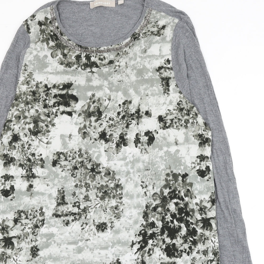 Anthology Womens Grey Geometric Polyester Tunic Blouse Size 14 Round Neck - Asymmetric
