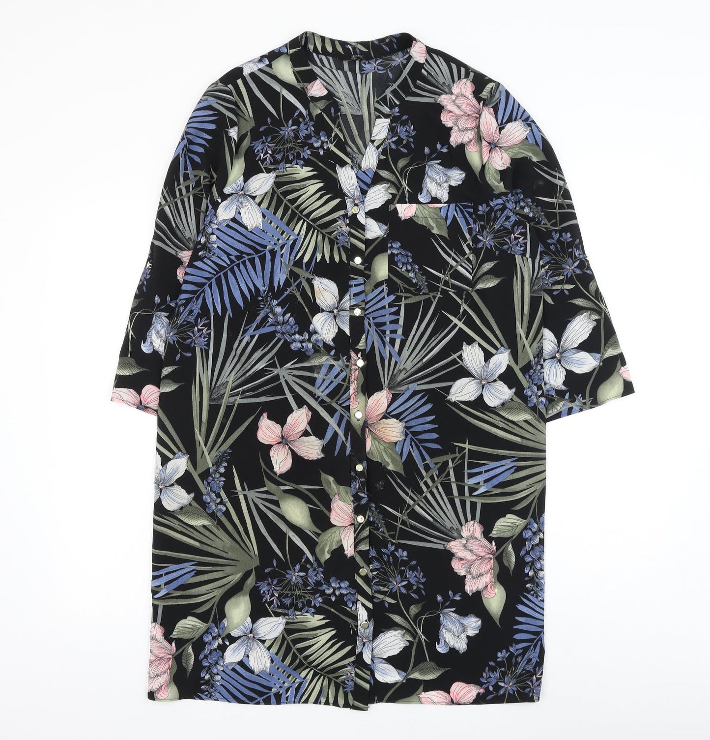 F&F Womens Black Floral Polyester Tunic Button-Up Size 14 V-Neck