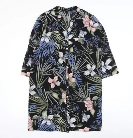 F&F Womens Black Floral Polyester Tunic Button-Up Size 14 V-Neck