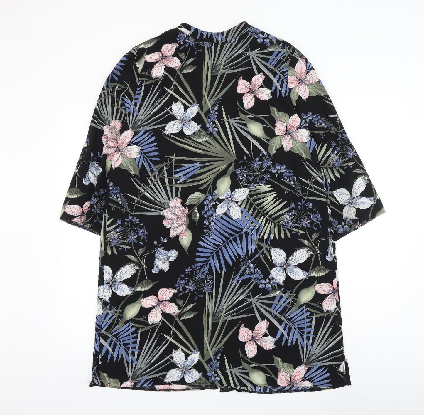 F&F Womens Black Floral Polyester Tunic Button-Up Size 14 V-Neck