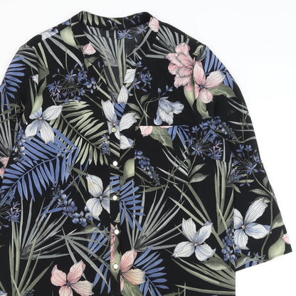 F&F Womens Black Floral Polyester Tunic Button-Up Size 14 V-Neck