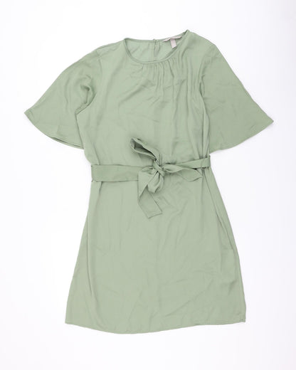 H&M Womens Green Polyester Shift Size S Round Neck Button