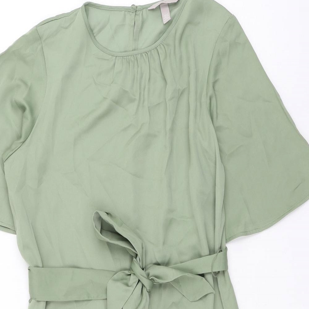 H&M Womens Green Polyester Shift Size S Round Neck Button