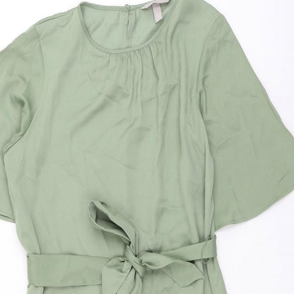 H&M Womens Green Polyester Shift Size S Round Neck Button
