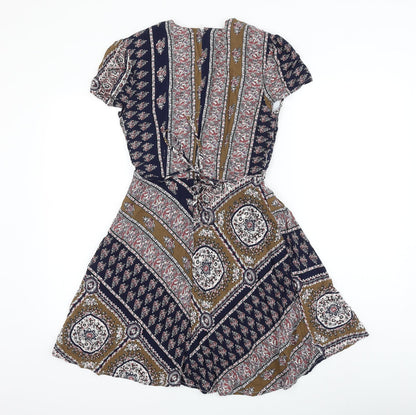 Glamorous Womens Multicoloured Geometric Viscose Skater Dress Size S V-Neck Zip