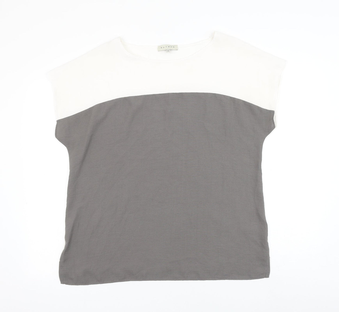 Nutmeg Womens White Colourblock Viscose Basic Blouse Size 10 Round Neck