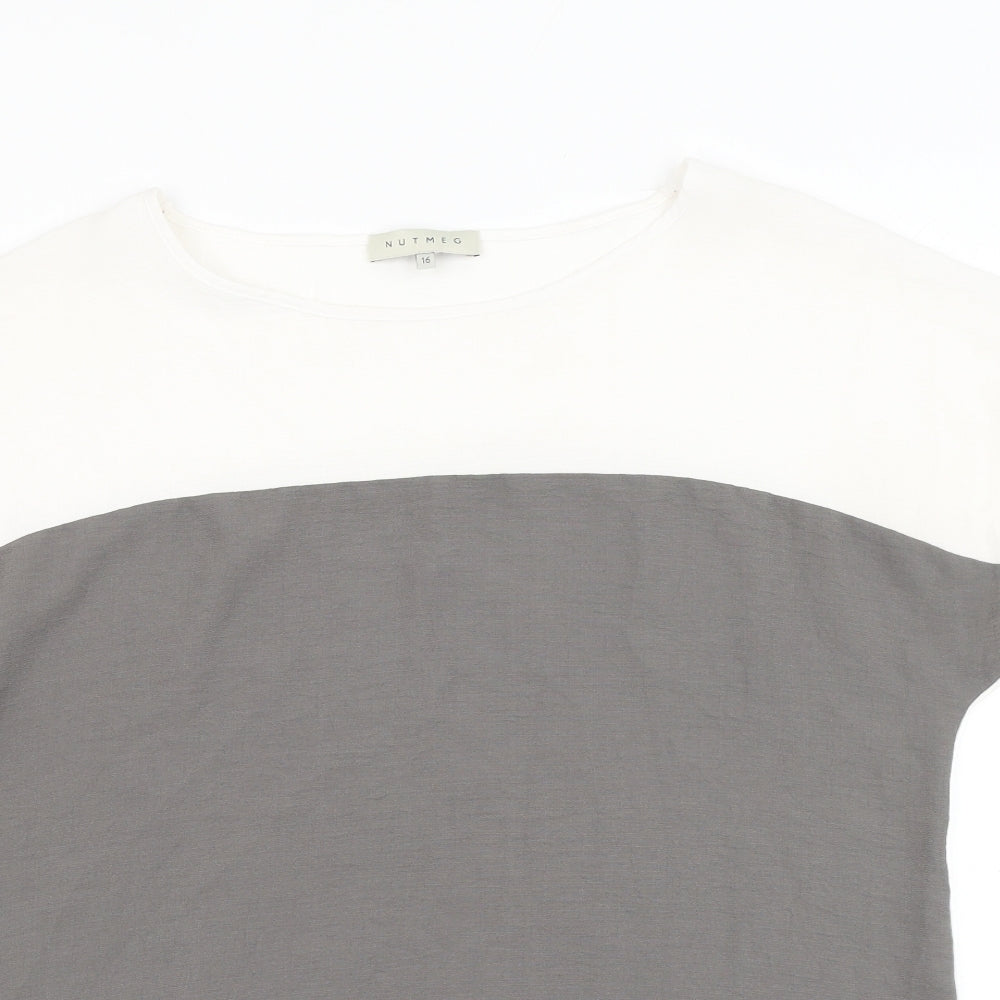 Nutmeg Womens White Colourblock Viscose Basic Blouse Size 10 Round Neck