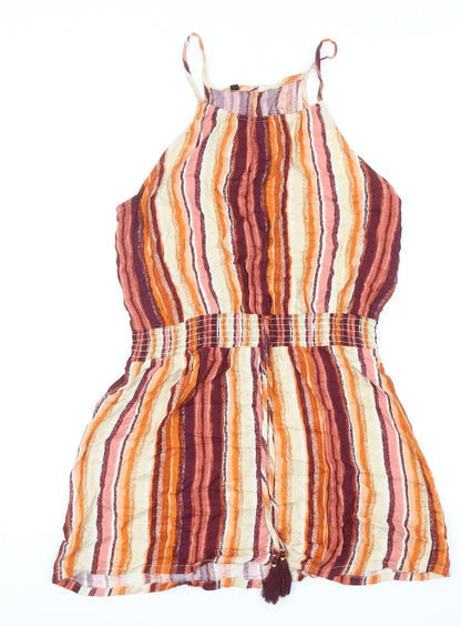 Preworn Womens Orange Striped Polyester Tank Dress Size M Square Neck Button - Elastic Waist