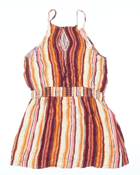 Preworn Womens Orange Striped Polyester Tank Dress Size M Square Neck Button - Elastic Waist