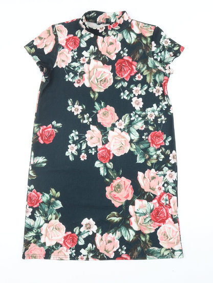 Boohoo Womens Black Floral Polyester A-Line Size 8 Mock Neck Pullover