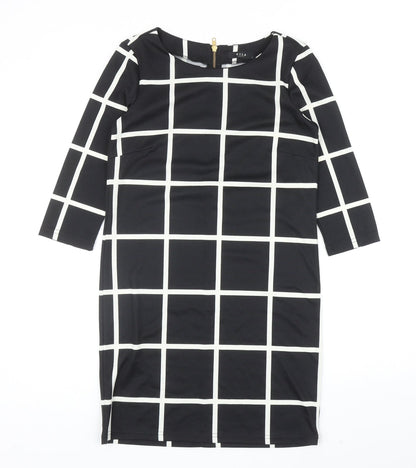 Villa Womens Black Check Polyester Shift Size S Boat Neck Zip