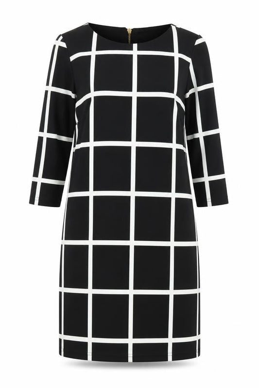 Villa Womens Black Check Polyester Shift Size S Boat Neck Zip