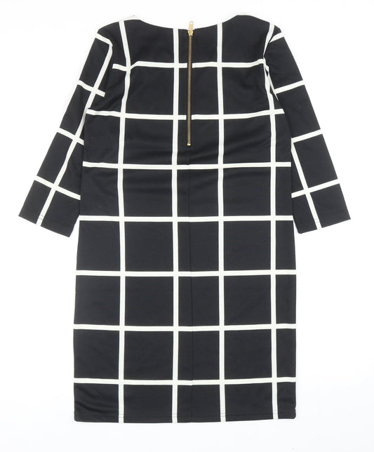 Villa Womens Black Check Polyester Shift Size S Boat Neck Zip
