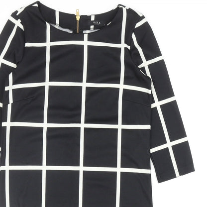 Villa Womens Black Check Polyester Shift Size S Boat Neck Zip