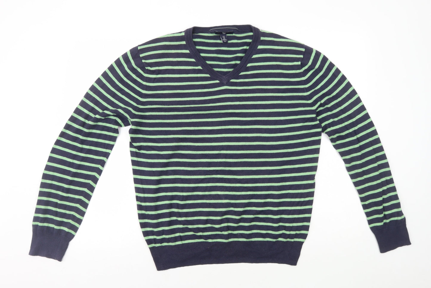 Gap Mens Blue V-Neck Striped Cotton Pullover Jumper Size M