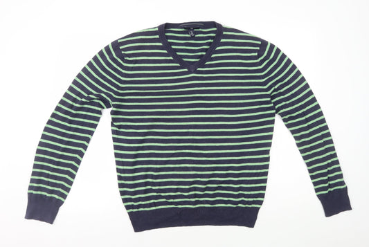 Gap Mens Blue V-Neck Striped Cotton Pullover Jumper Size M