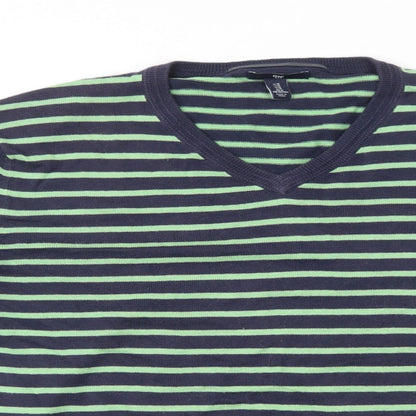Gap Mens Blue V-Neck Striped Cotton Pullover Jumper Size M