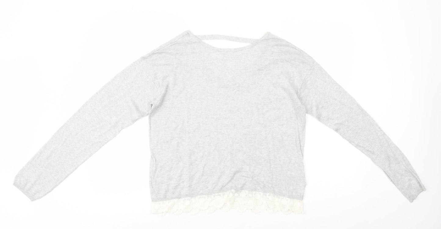 H&M Girls Grey Cotton Basic T-Shirt Size 14 Years Round Neck Pullover - Lace Trim