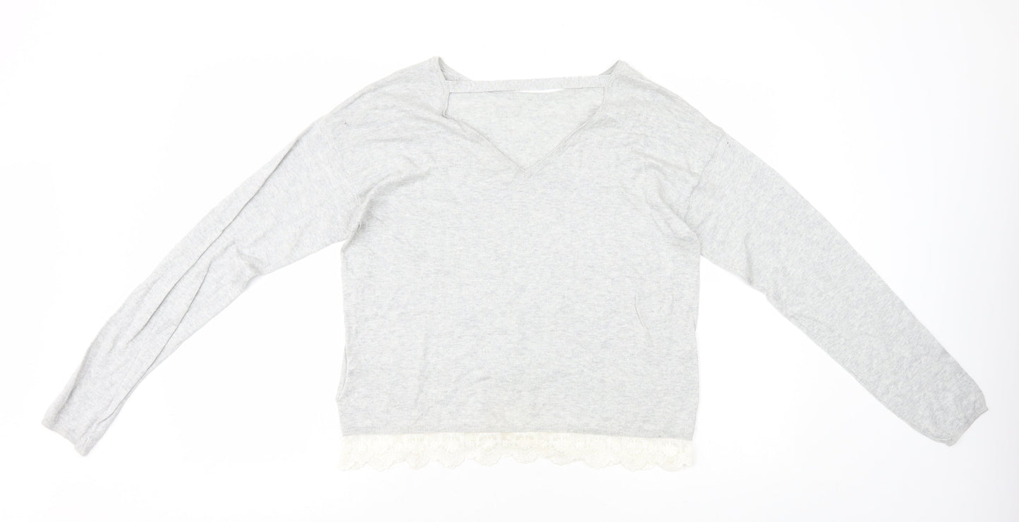 H&M Girls Grey Cotton Basic T-Shirt Size 14 Years Round Neck Pullover - Lace Trim