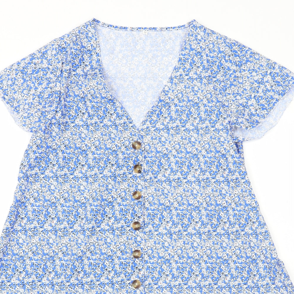 Preworn Womens Blue Geometric Polyester A-Line Size M V-Neck Button
