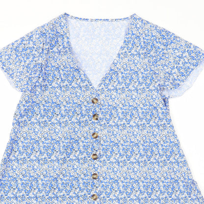 Preworn Womens Blue Geometric Polyester A-Line Size M V-Neck Button