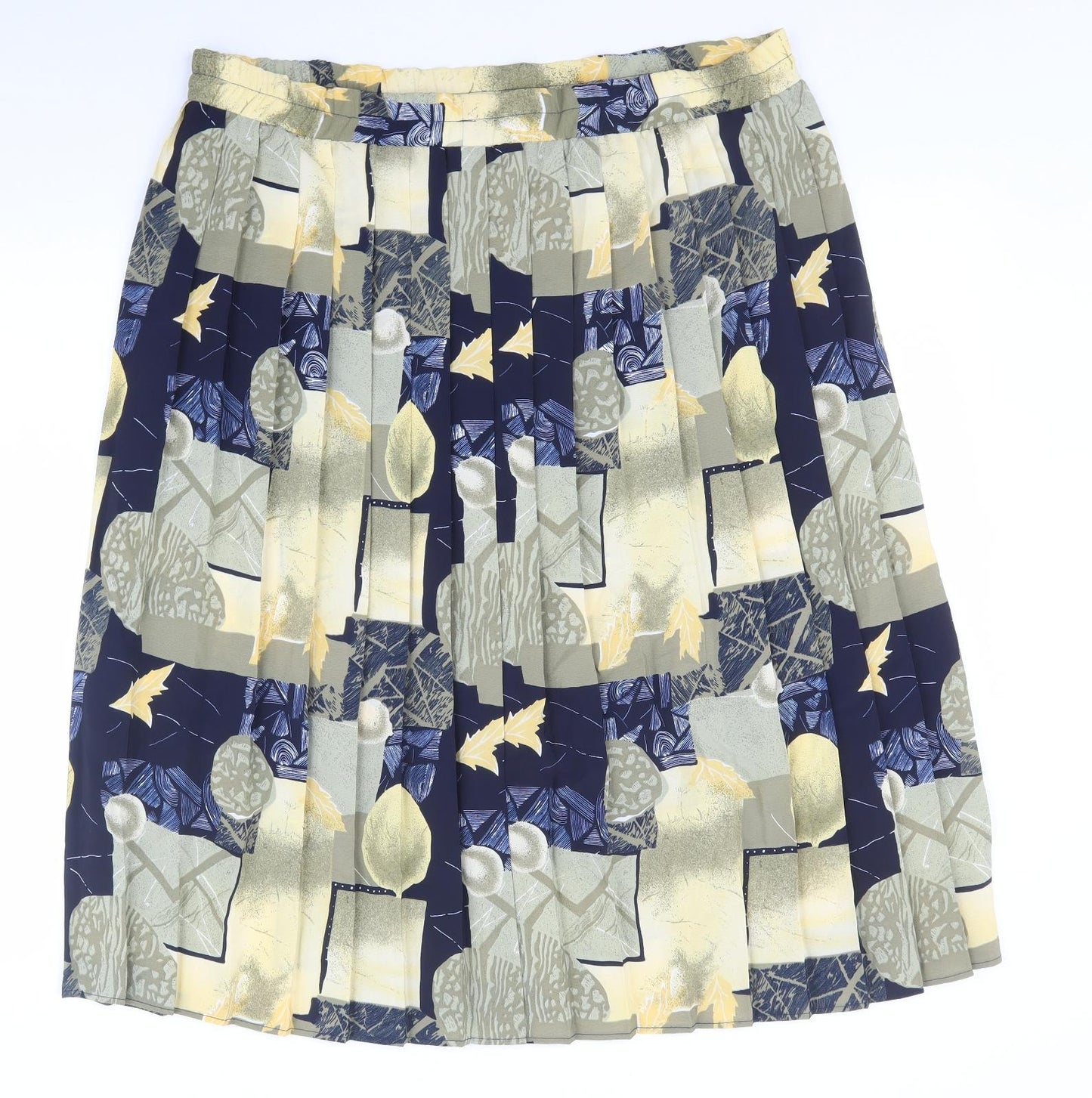 Preworn Womens Multicoloured Geometric Polyester Pleated Skirt Size L - Lemons, Leaves.