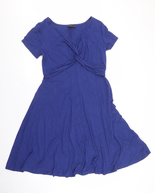 Body Flirt Womens Blue Viscose Skater Dress Size M V-Neck Pullover - Knot front