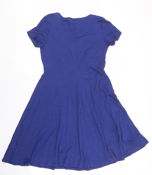 Body Flirt Womens Blue Viscose Skater Dress Size M V-Neck Pullover - Knot front