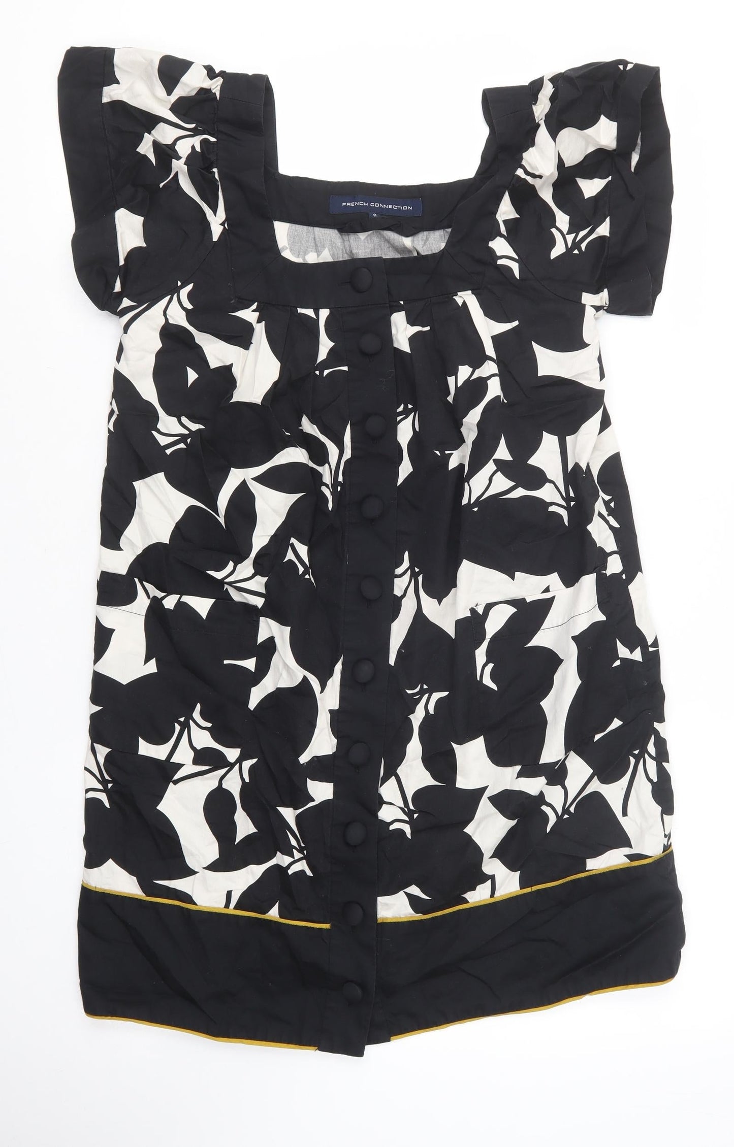 French Connection Womens Black Floral 100% Cotton Shirt Dress Size 8 Square Neck Button - Mustard hem on the bottom