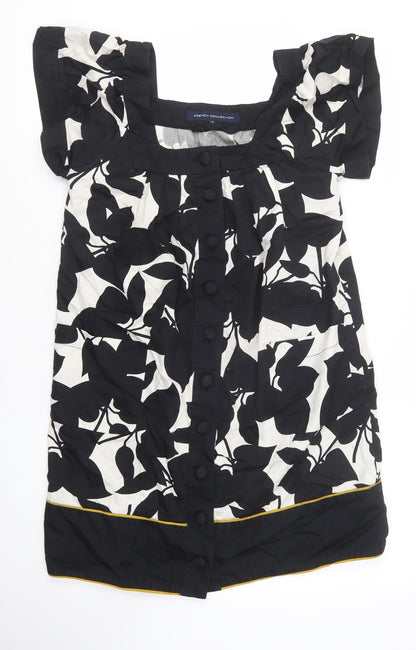 French Connection Womens Black Floral 100% Cotton Shirt Dress Size 8 Square Neck Button - Mustard hem on the bottom