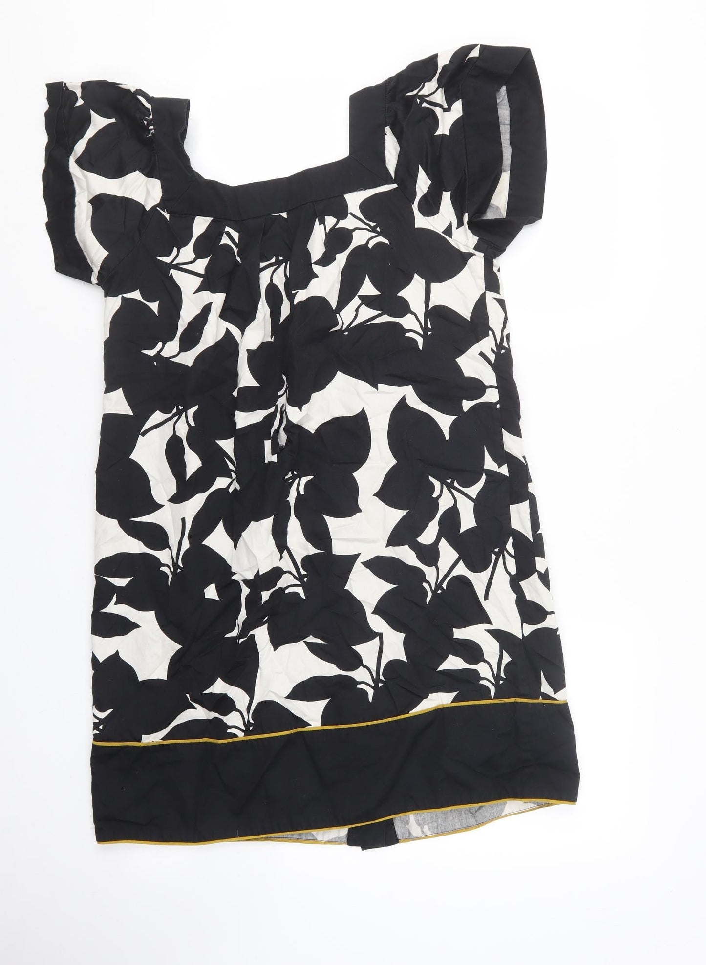 French Connection Womens Black Floral 100% Cotton Shirt Dress Size 8 Square Neck Button - Mustard hem on the bottom