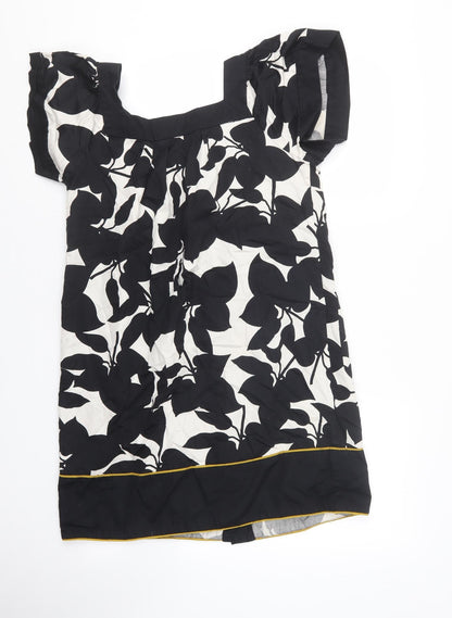 French Connection Womens Black Floral 100% Cotton Shirt Dress Size 8 Square Neck Button - Mustard hem on the bottom