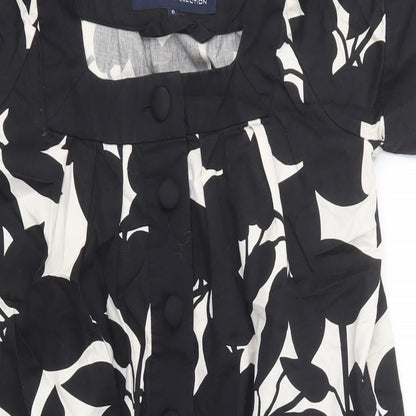 French Connection Womens Black Floral 100% Cotton Shirt Dress Size 8 Square Neck Button - Mustard hem on the bottom