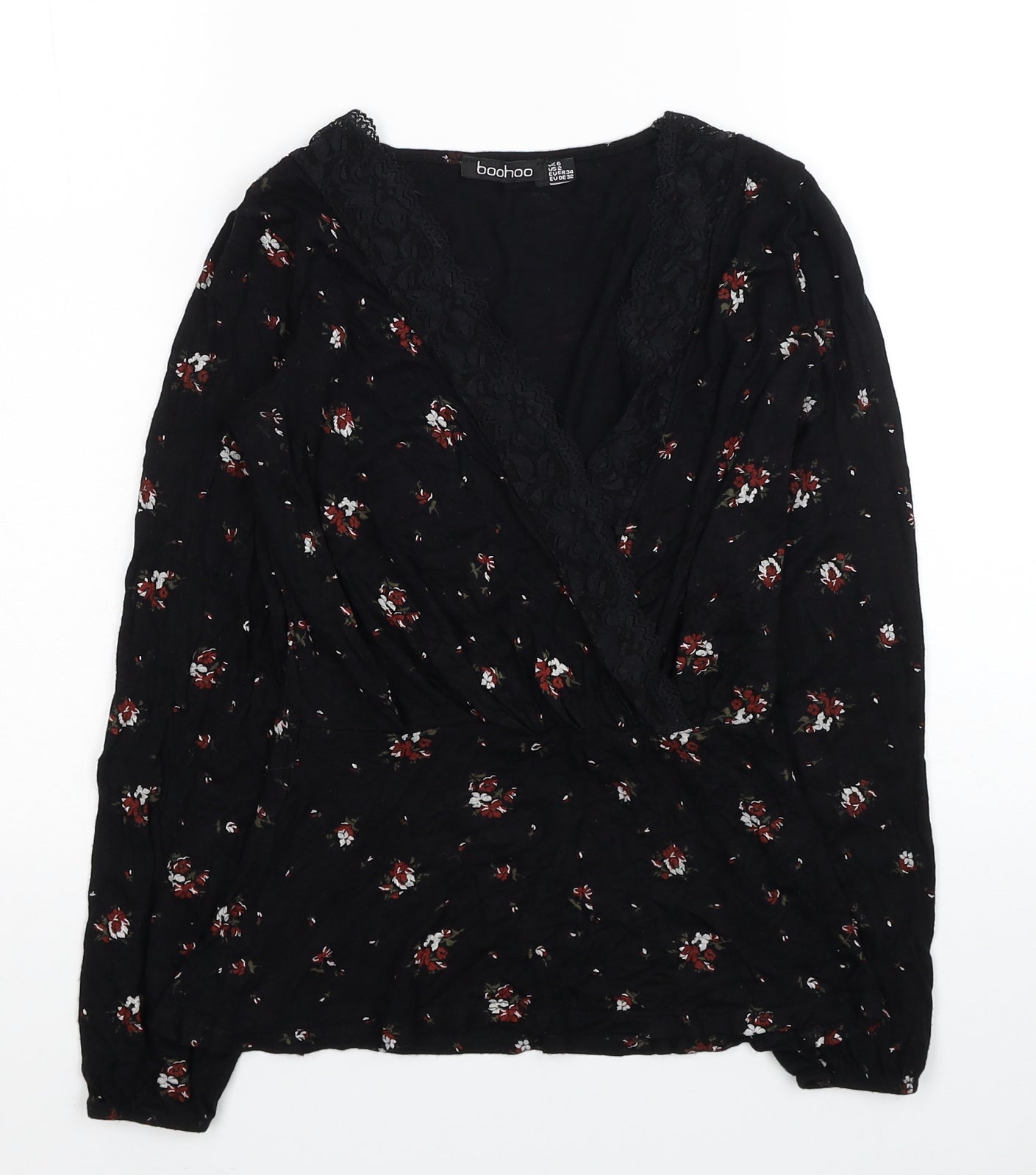 Boohoo Womens Black Fair Isle Polyester Basic Blouse Size 6 V-Neck - Lace Detail