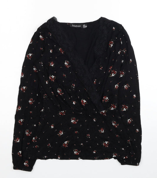 Boohoo Womens Black Fair Isle Polyester Basic Blouse Size 6 V-Neck - Lace Detail