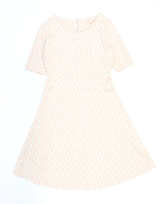 NEXT Womens Pink Geometric Cotton Skater Dress Size 10 Round Neck Zip