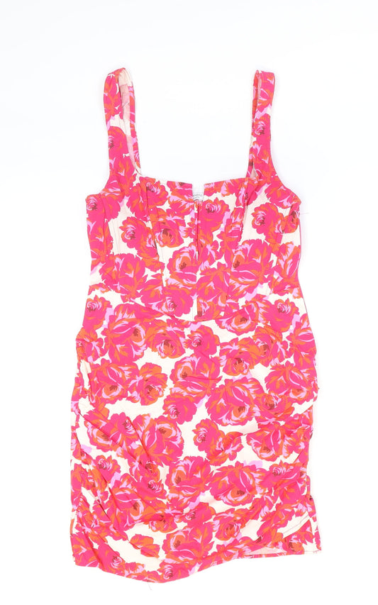 Stradivarius Womens Pink Floral Polyester Bodycon Size M V-Neck Zip