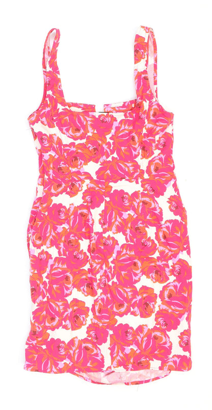 Stradivarius Womens Pink Floral Polyester Bodycon Size M V-Neck Zip