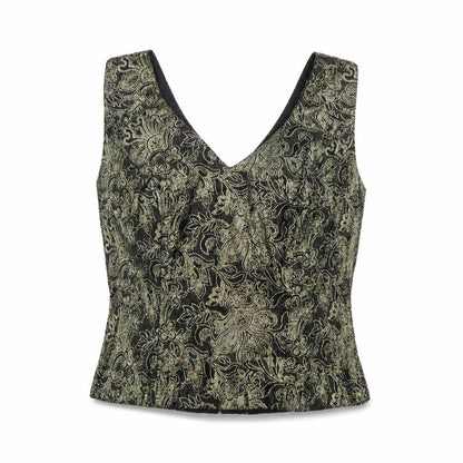 Caliendo Womens Gold Floral Acetate Basic Tank Size 8 V-Neck