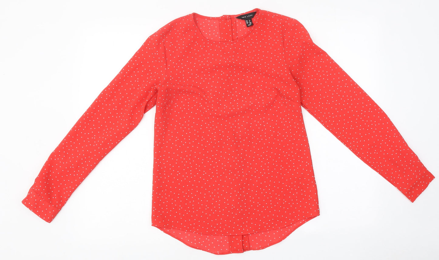 New Look Womens Red Polka Dot Polyester Basic Blouse Size 6 Round Neck