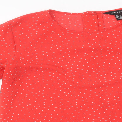 New Look Womens Red Polka Dot Polyester Basic Blouse Size 6 Round Neck
