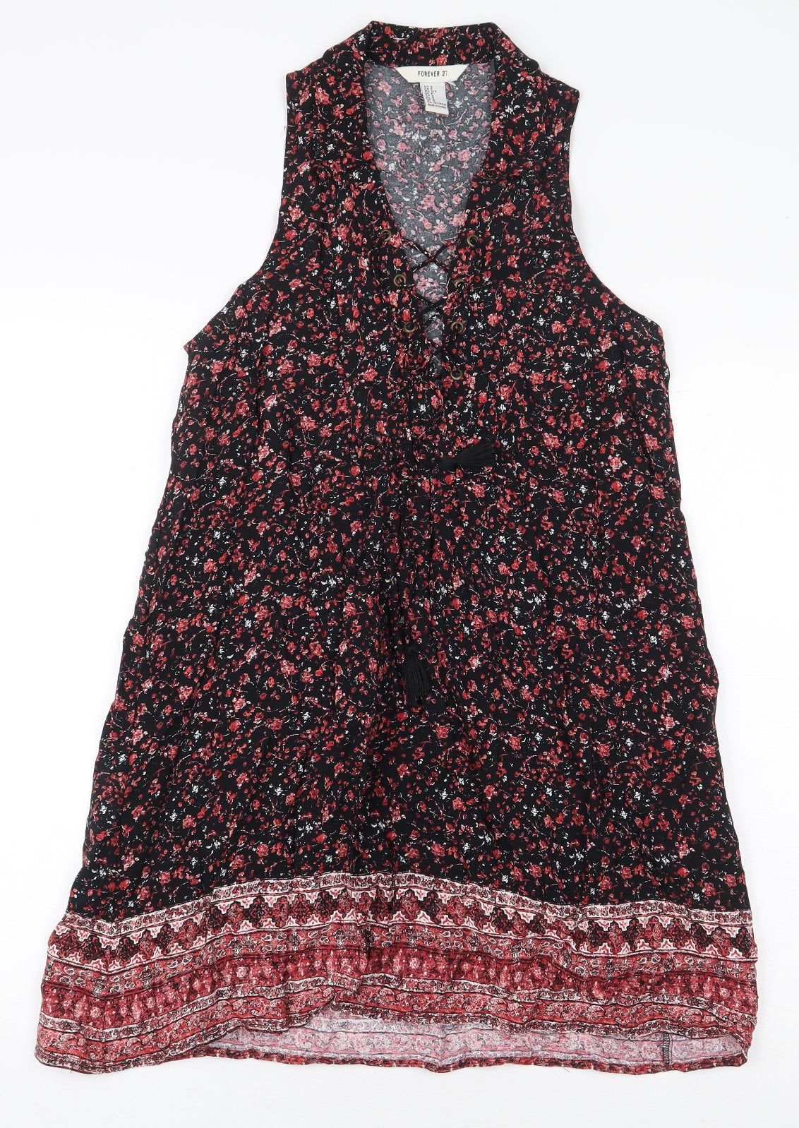FOREVER 21 Womens Black Floral Viscose Sheath Size S V-Neck Pullover - Lace Up Detail