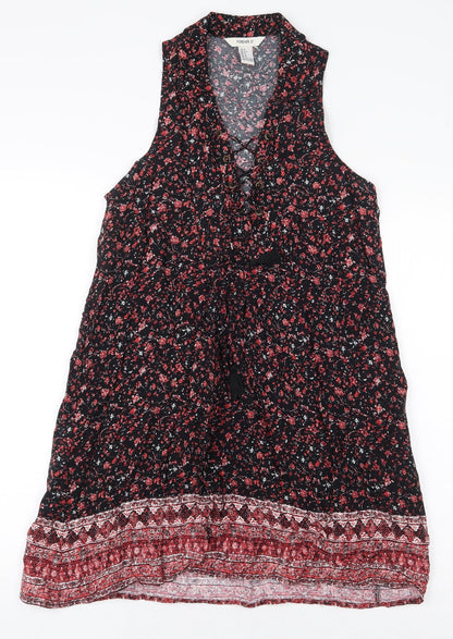 FOREVER 21 Womens Black Floral Viscose Sheath Size S V-Neck Pullover - Lace Up Detail