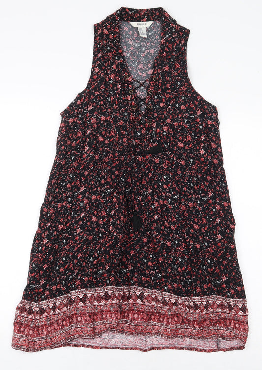 FOREVER 21 Womens Black Floral Viscose Sheath Size S V-Neck Pullover - Lace Up Detail