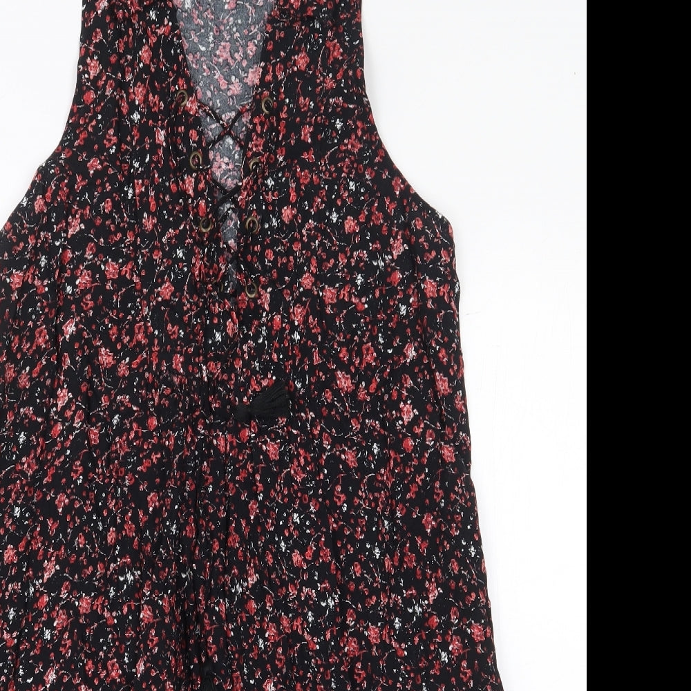 FOREVER 21 Womens Black Floral Viscose Sheath Size S V-Neck Pullover - Lace Up Detail