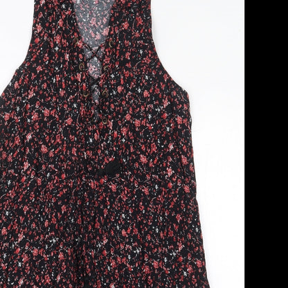 FOREVER 21 Womens Black Floral Viscose Sheath Size S V-Neck Pullover - Lace Up Detail