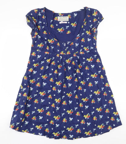 Jack Wills Womens Blue Floral 100% Cotton A-Line Size 8 Scoop Neck Button