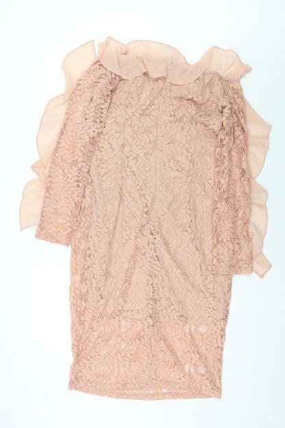 Sheilay Womens Pink Floral Polyester Pencil Dress Size L Off the Shoulder Zip - Lace Detail
