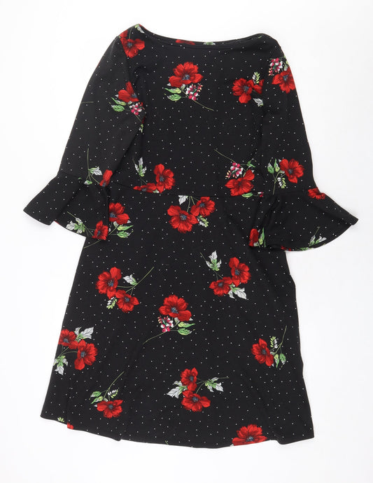 Paraphrase Womens Black Floral Polyester A-Line Size S Boat Neck Pullover