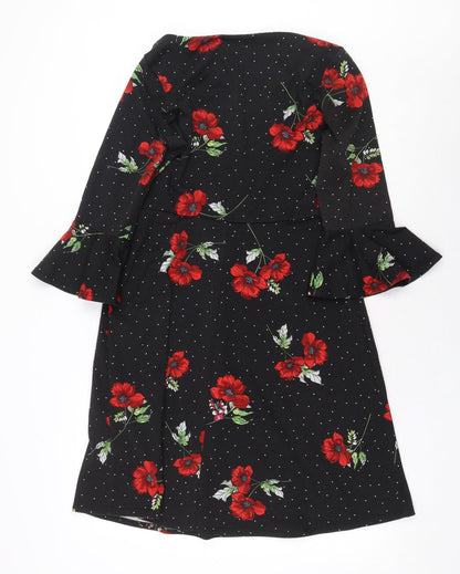 Paraphrase Womens Black Floral Polyester A-Line Size S Boat Neck Pullover